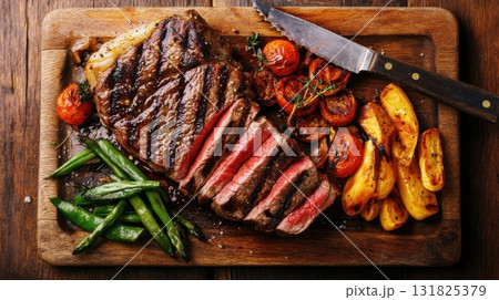 Deliciously grilled steak served with roasted vegetables and herbs on a wooden cutting board 131825379