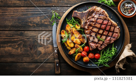 Juicy grilled steak served with roasted vegetables and herbs on a rustic wooden table 131825381