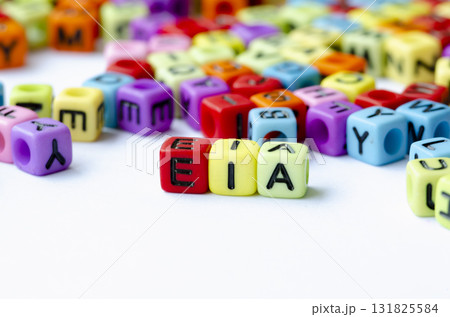 EIA text on multicolored cube representing Environmental Impact Assessment. Conservation concept. 131825584