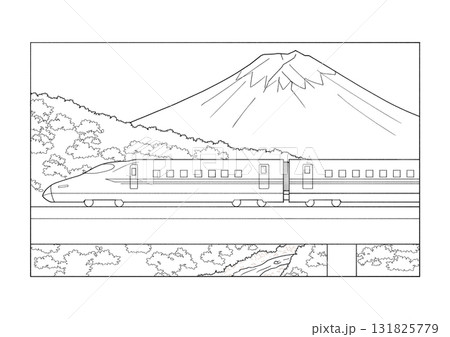 富士山と新幹線の白黒イラスト 131825779