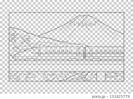 富士山と新幹線の白黒イラスト 131825779