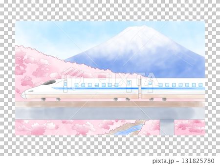 Watercolor illustration of a bullet train, cherry blossoms, and Mt. Fuji Watercolor illustration of a bullet train, cherry blossoms, and Mt. Fuji 131825780