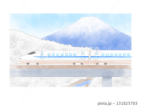 新幹線と雪山と富士山の水彩風イラスト 131825783