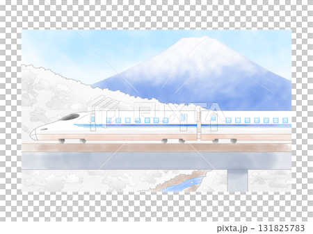 新幹線と雪山と富士山の水彩風イラスト 131825783