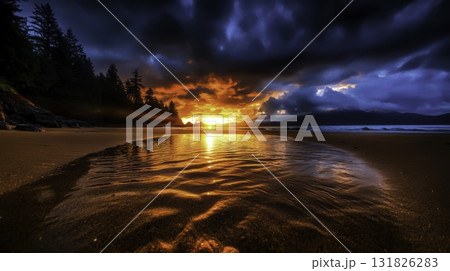 Breathtaking Sunset Over Beach with Dramatic Clouds and Reflections in Calm Water at Dusk Breathtaking Sunset Over Beach with Dramatic Clouds and Reflections in Calm Water at Dusk 131826283