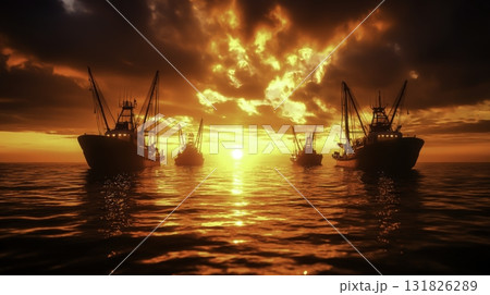Majestic Sunset Over Fishing Boats in Tranquil Ocean Waters with Stunning Dynamic Cloud Patterns 131826289