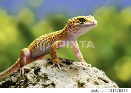 Colorful Gecko on Rock in Natural Habitat Surrounded by Lush Greenery and Bright Background 131826386