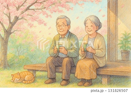 春の庭で桜を眺めながらお茶を楽しむ祖父母と猫 131826507