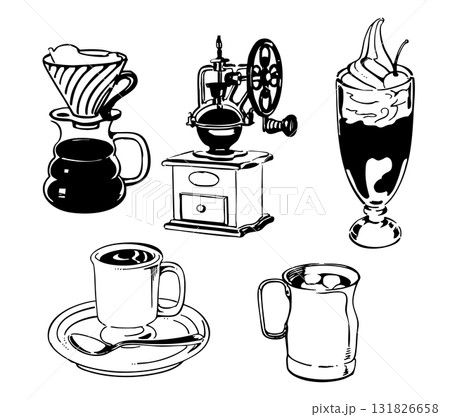 コーヒーミルとドリップ器具、ホットコーヒーやコーヒーフロートなど喫茶店のイラスト コーヒーミルとドリップ器具、ホットコーヒーやコーヒーフロートなど喫茶店のイラスト 131826658