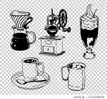コーヒーミルとドリップ器具、ホットコーヒーやコーヒーフロートなど喫茶店のイラスト コーヒーミルとドリップ器具、ホットコーヒーやコーヒーフロートなど喫茶店のイラスト 131826658