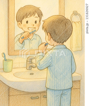 就寝前に歯を磨く男の子イラスト 131826927