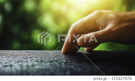 Gentle Hand Touching Textured Surface Against a Beautiful Nature Background with Sunlight Gentle Hand Touching Textured Surface Against a Beautiful Nature Background with Sunlight 131827078