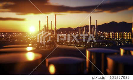 Stunning Sunset Over Industrial Complex with Silhouetted Structures and Glowing Lights Stunning Sunset Over Industrial Complex with Silhouetted Structures and Glowing Lights 131827085