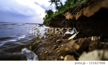 Tranquil Lakeside Shoreline with Gentle Waves and Erosion of Earthy Soil at Dusk 131827086