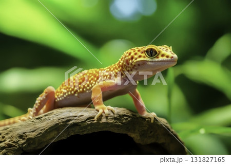 Captivating Close-Up of a Colorful Gecko on a Log Against a Lush Green Background 131827165