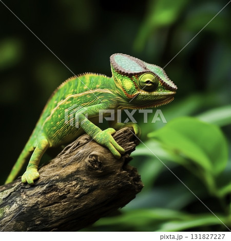 Vibrant Green Iguana Sitting on Branch Surrounded by Lush Tropical Foliage in Natural Habitat Vibrant Green Iguana Sitting on Branch Surrounded by Lush Tropical Foliage in Natural Habitat 131827227