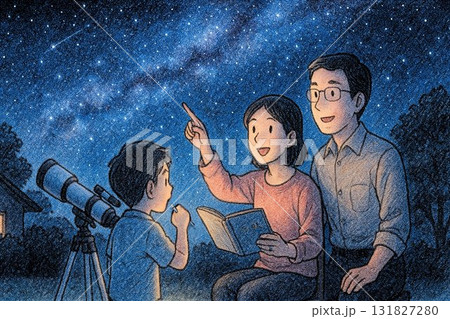 家族で夜空を見上げる星空観察の風景 131827280