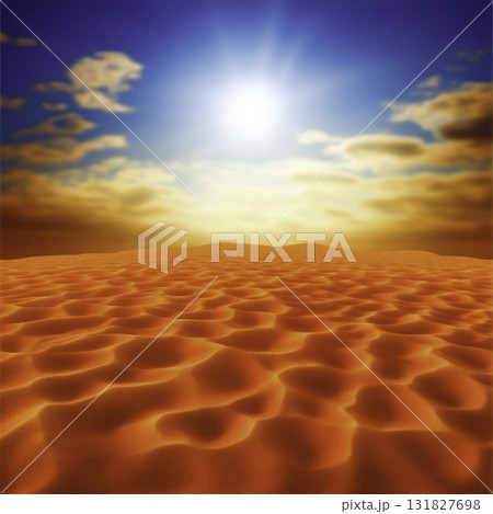 Vibrant Sunset Over Vast Desert Landscape with Textured Sand Dunes and Bright Blue Sky Above Vibrant Sunset Over Vast Desert Landscape with Textured Sand Dunes and Bright Blue Sky Above 131827698