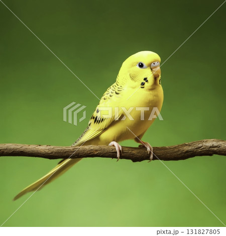 Bright Yellow Budgerigar Perched on a Branch with Soft Green Background Environment Bright Yellow Budgerigar Perched on a Branch with Soft Green Background Environment 131827805