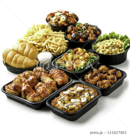 Delicious variety of takeout meal with grilled chicken, sides, and fresh vegetables on a white background 131827861