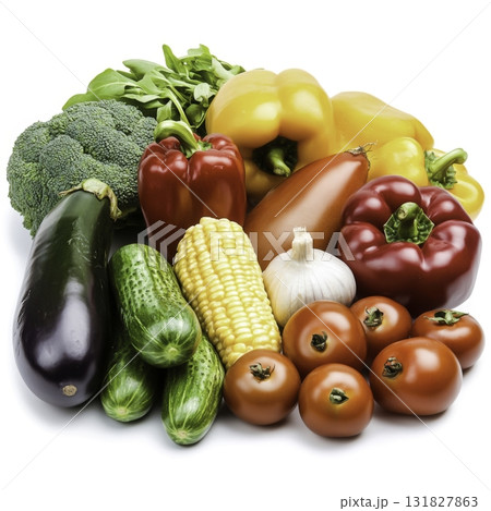 Fresh Organic Vegetables Colorful Healthy Variety with Broccoli, Peppers, Tomatoes and Cucumbers 131827863