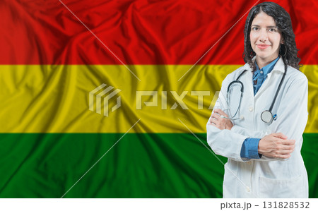 Bolivian medicine and healthcare concept. Doctor close up against Bolivia flag background 131828532