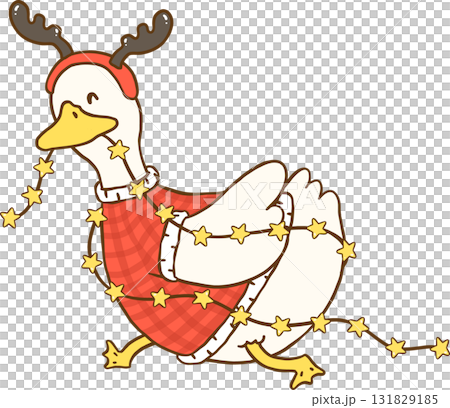 Christmas Silly Goose, Festive Goose with Christmas Lights and Antlers Catoon Hand Drawn 131829185