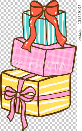Cartoon Illustration of Stacked Preppy Presents with Bows Hand Drawn 131829198