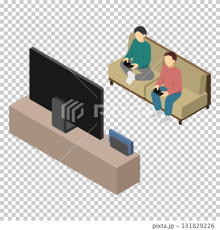 Isometric illustration: People sitting on the sofa and playing games 131829226