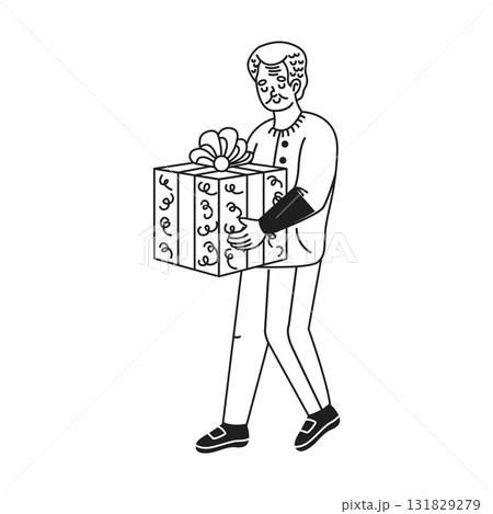 Man with Large Gift Box in Hand Drawn Illustration 131829279