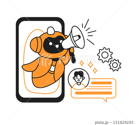 Illustration of robot communicating through megaphone Illustration of robot communicating through megaphone 131829285