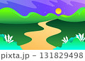 Beautiful Landscape Illustration with Road Leading to Green Hills, Bright Sky and Sunrise in Colorful Gradient Style 131829498