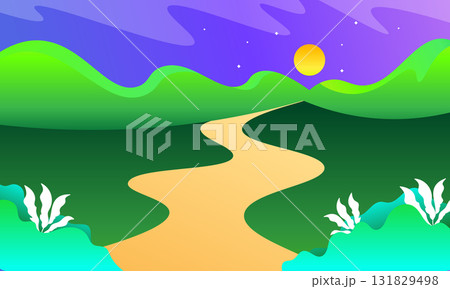 Beautiful Landscape Illustration with Road Leading to Green Hills, Bright Sky and Sunrise in Colorful Gradient Style 131829498