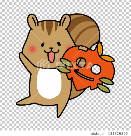 落ち葉のお面を持つリス 131829896