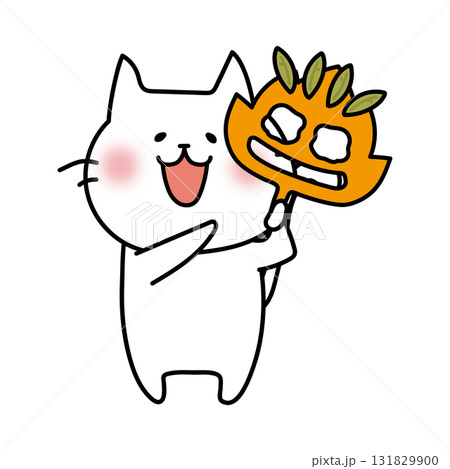 落ち葉のお面を持つ白い猫 131829900