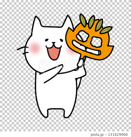 落ち葉のお面を持つ白い猫 131829900
