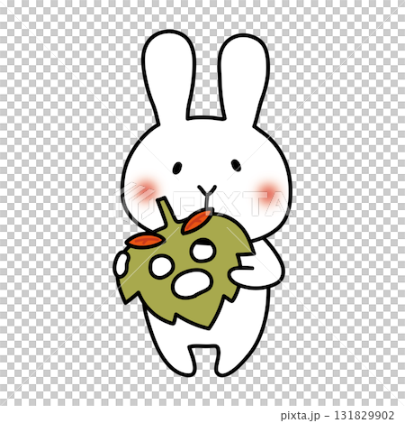 White rabbit with a fallen leaf mask 131829902