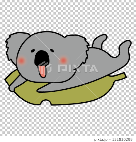 Koala riding on a large fallen leaf 131830299