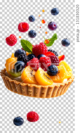 A gorgeous tart cake with colorful fruits shining | No background, transparent PNG 131830320