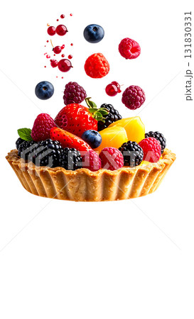色とりどりのフルーツが輝く華やかなタルトケーキ｜背景なし・透過PNG 131830331