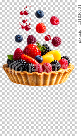 色とりどりのフルーツが輝く華やかなタルトケーキ｜背景なし・透過PNG 131830331