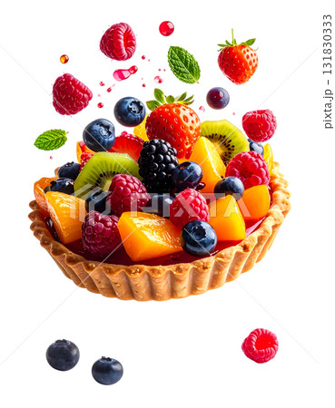 色とりどりのフルーツが輝く華やかなタルトケーキ｜背景なし・透過PNG 131830333