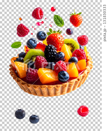 色とりどりのフルーツが輝く華やかなタルトケーキ｜背景なし・透過PNG 131830333