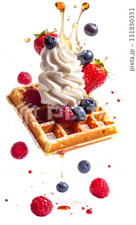 ふんわりホイップとベリーをのせたワッフル｜背景なし・透過PNG 131830351
