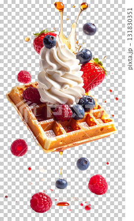 ふんわりホイップとベリーをのせたワッフル｜背景なし・透過PNG 131830351