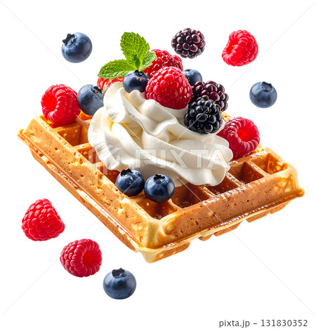 ふんわりホイップとベリーをのせたワッフル｜背景なし・透過PNG 131830352