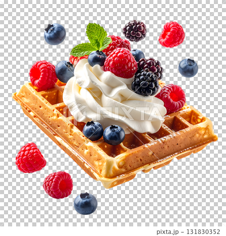 ふんわりホイップとベリーをのせたワッフル｜背景なし・透過PNG 131830352