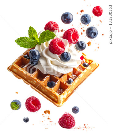 ふんわりホイップとベリーをのせたワッフル｜背景なし・透過PNG 131830353