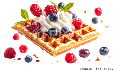ふんわりホイップとベリーをのせたワッフル｜背景なし・透過PNG 131830355