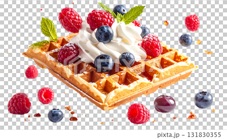 ふんわりホイップとベリーをのせたワッフル｜背景なし・透過PNG 131830355
